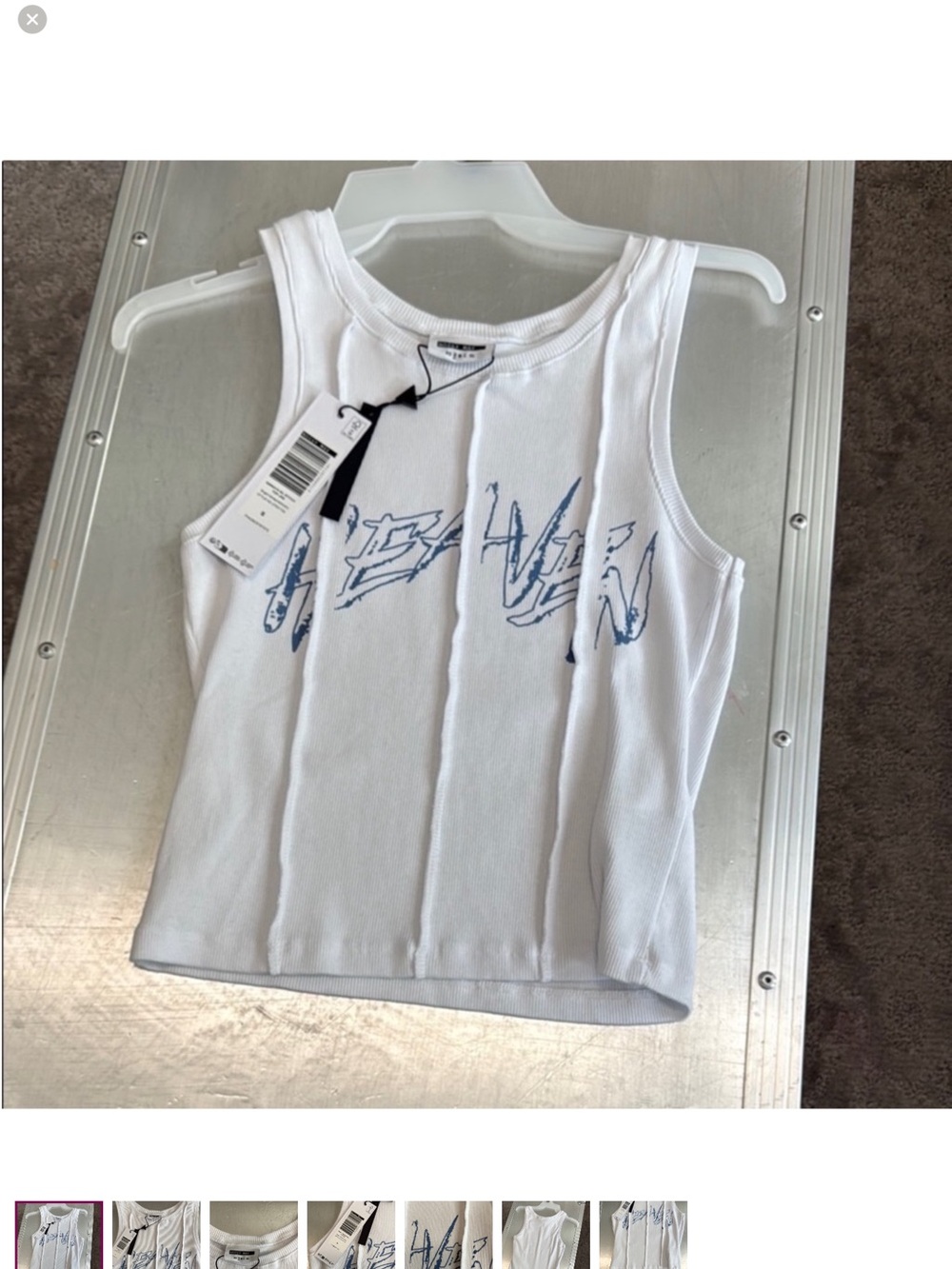 Noisy May White Ribbed Crop Tank with Distressed Navy Graphic
